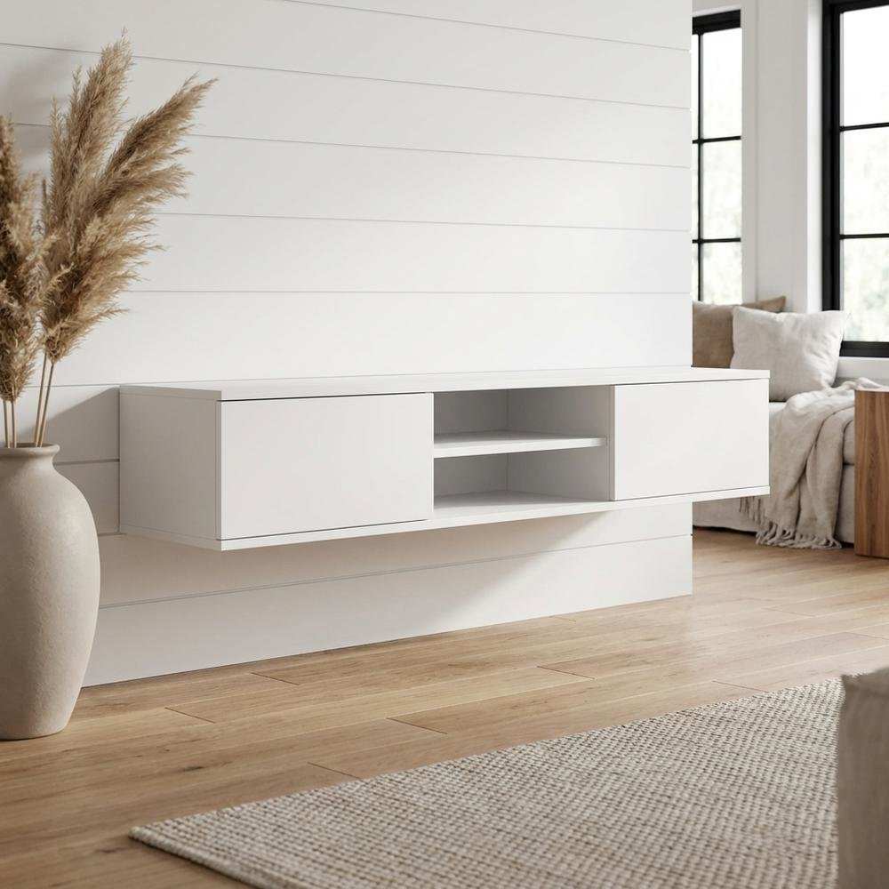 White Floating TV Stand with Wall Mount Design and Engineered Wood Finish. Picture 2