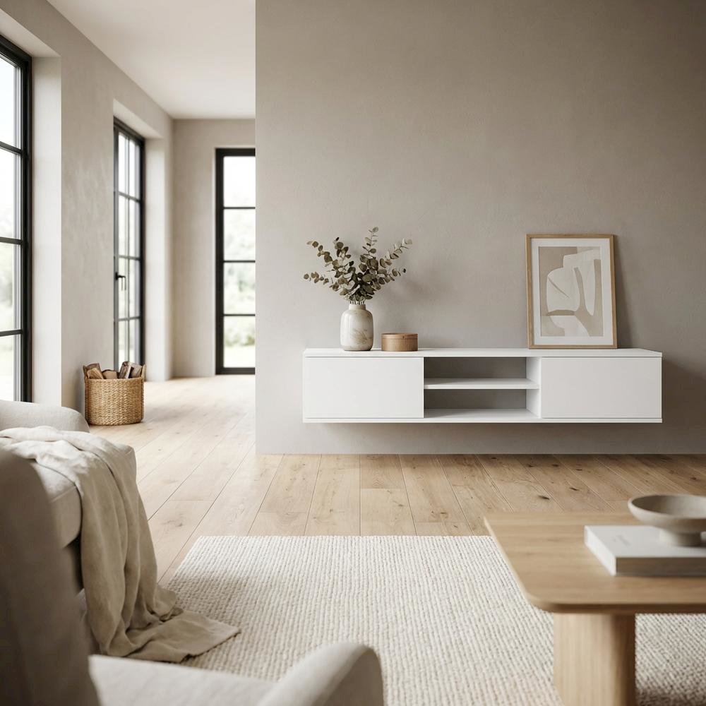 White Floating TV Stand with Wall Mount Design and Engineered Wood Finish. Picture 3