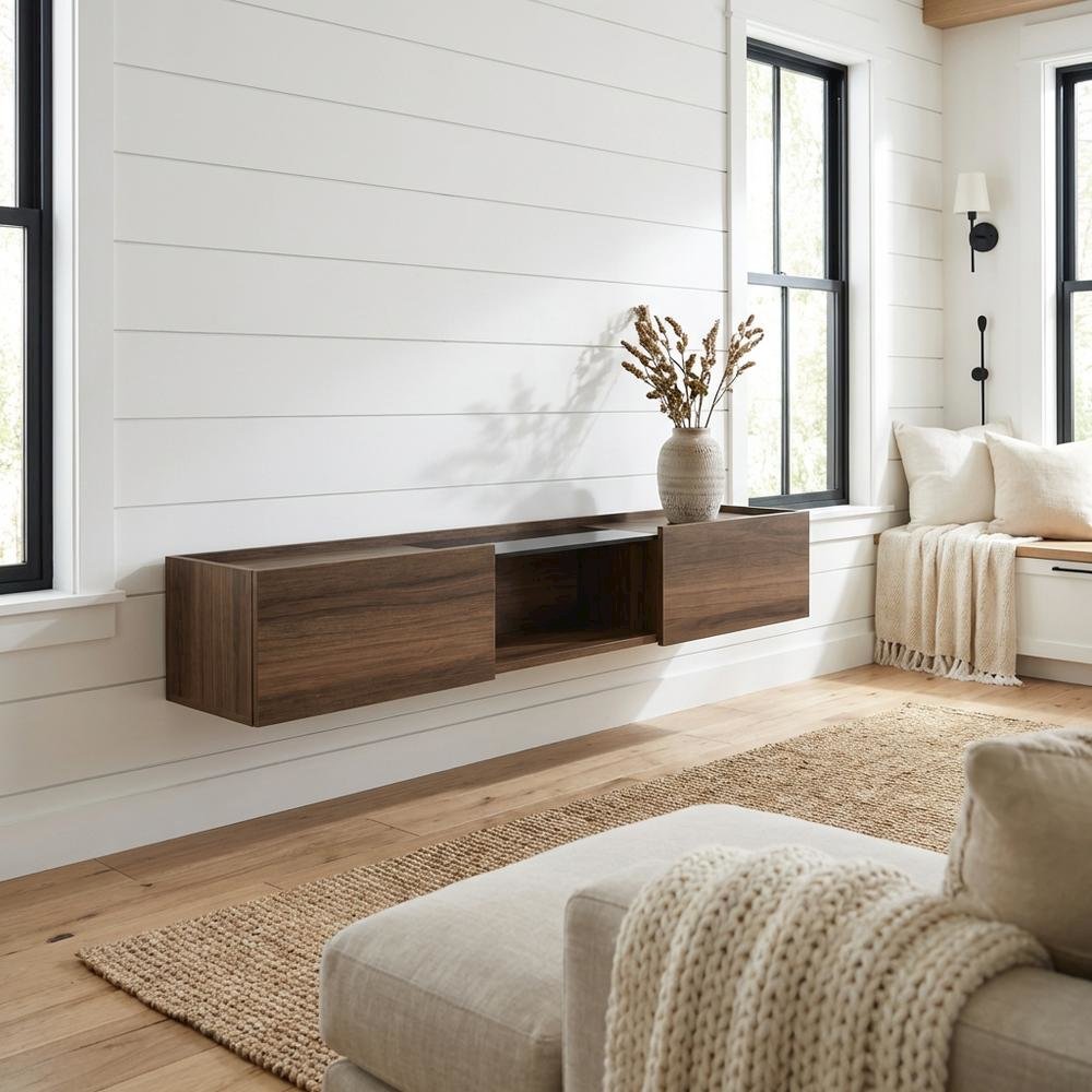 Walnut Wall-Mounted TV Stand for 65-Inch Screens with Engineered Wood Finish. Picture 2