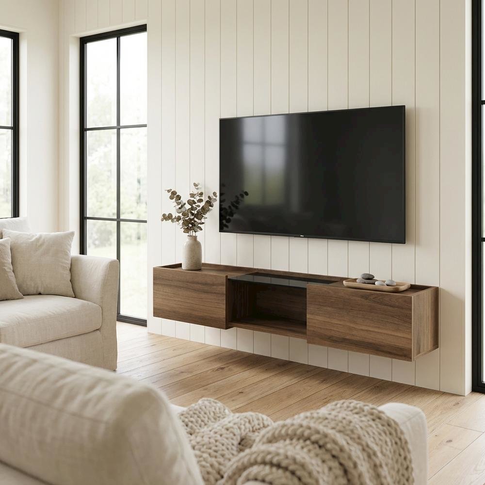 Walnut Wall-Mounted TV Stand for 65-Inch Screens with Engineered Wood Finish. Picture 3