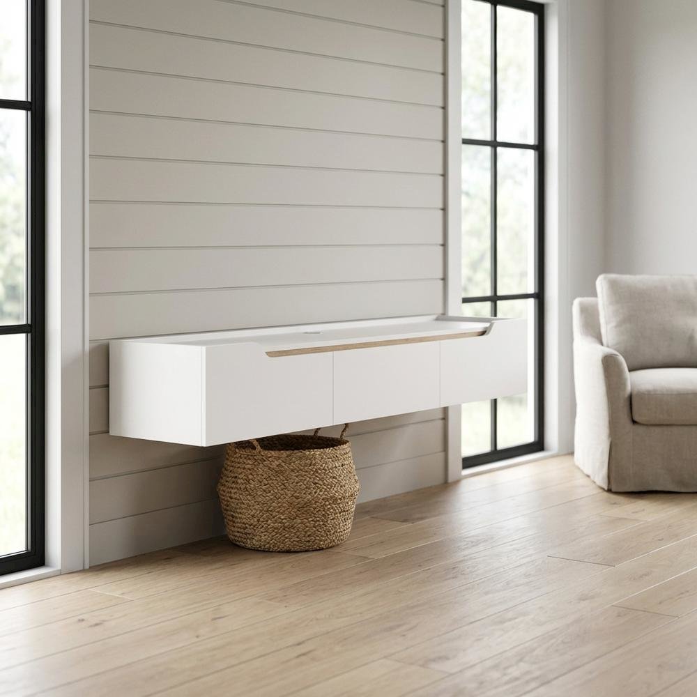 White Wall-Mounted TV Stand, Up to 80 Inch Screens, Engineered Wood Finish. Picture 2