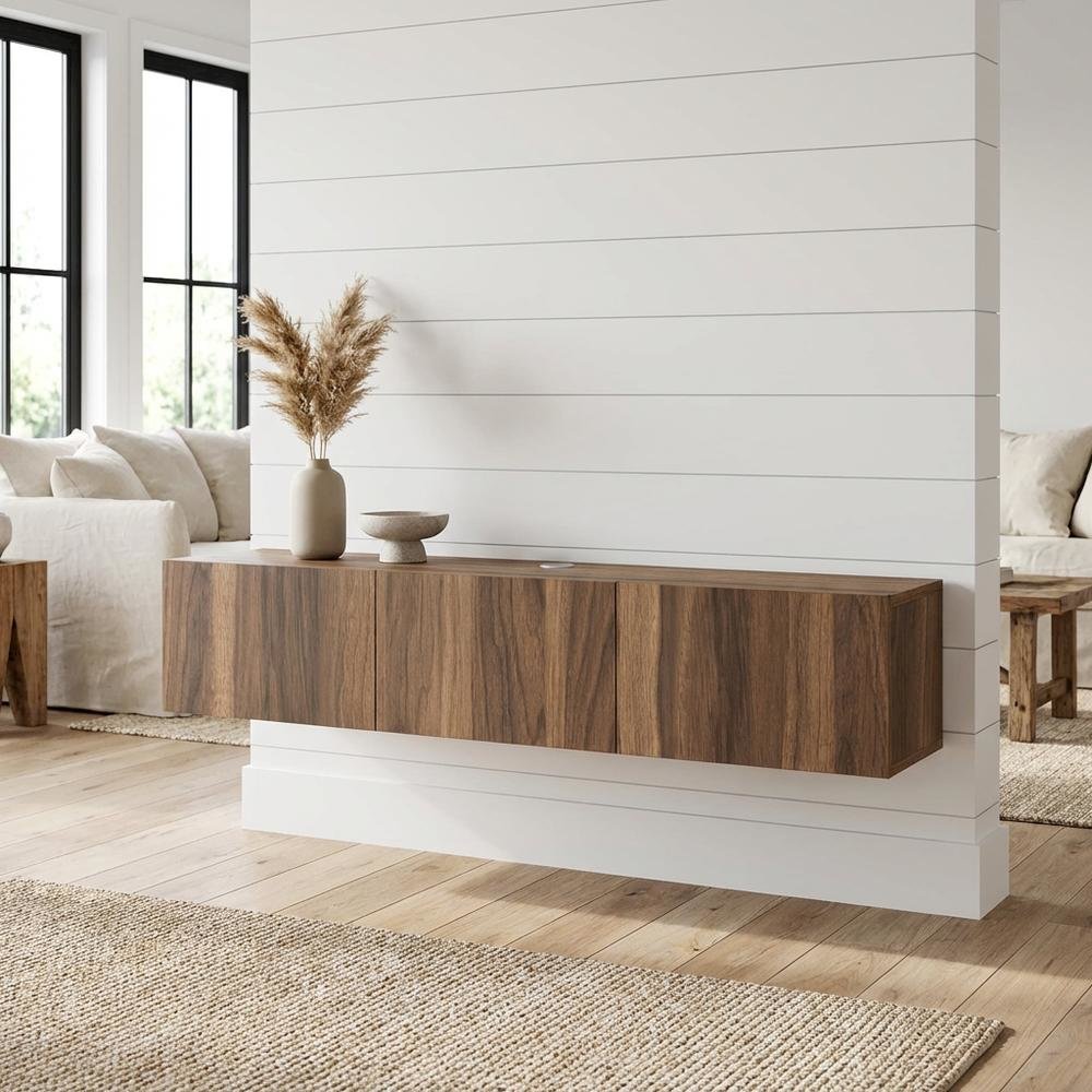 Brown floating TV stand with wall-mount design and modern appeal. Picture 2