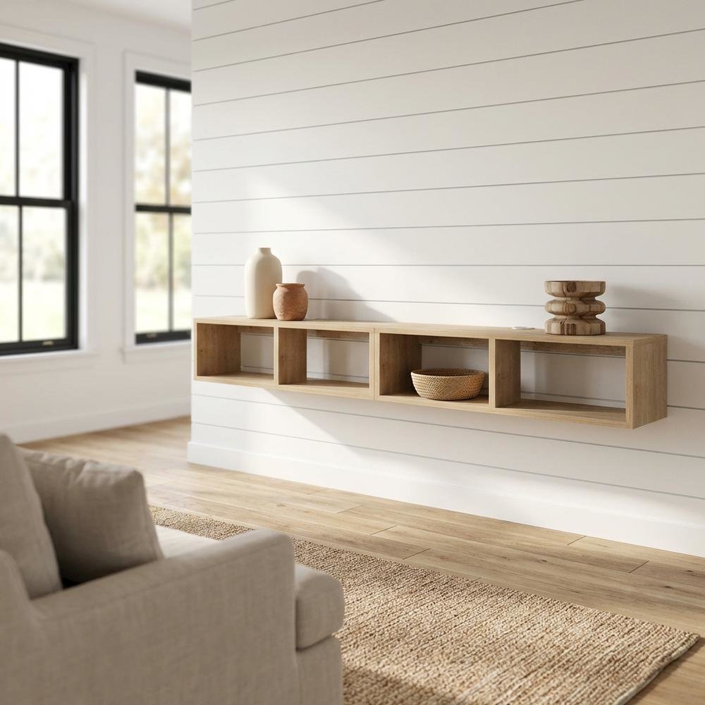 Oak floating TV shelf, modern wall-mounted design, sleek entertainment setup. Picture 2