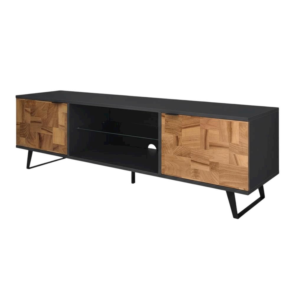 Brown Mid Century Modern TV Stand with Glass Shelf and Rubberwood Veneers. Picture 1