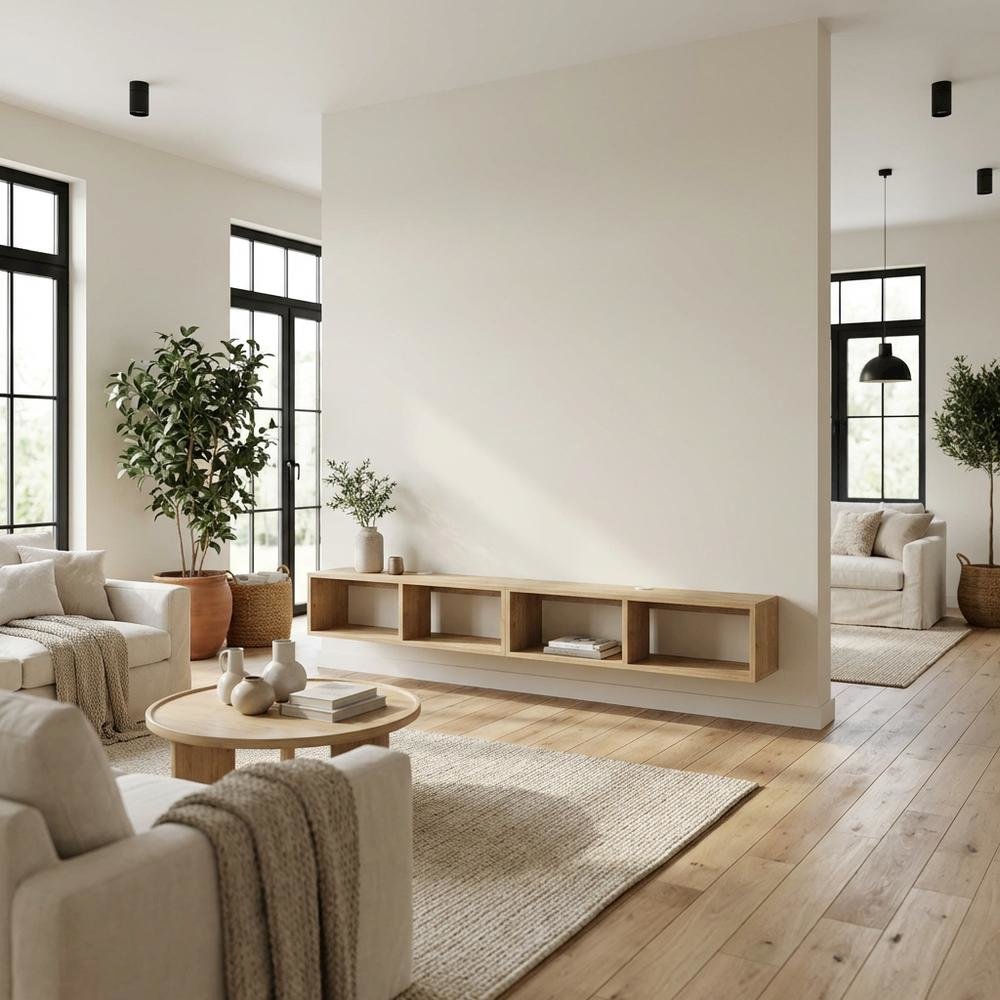 Oak floating TV shelf, modern wall-mounted design, sleek entertainment setup. Picture 3