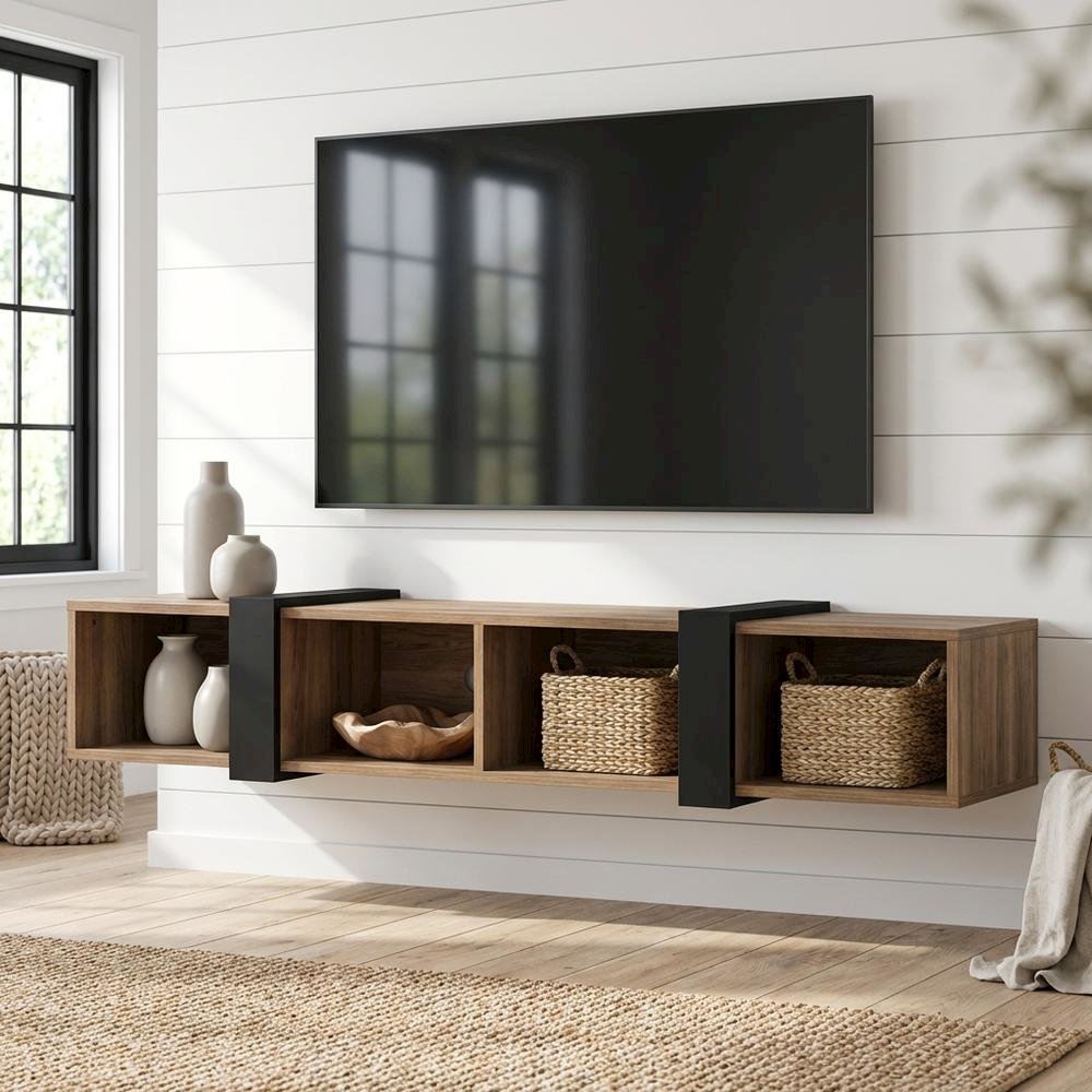 Walnut Floating TV Stand for 75-Inch Wall Mount with Engineered Wood Finish. Picture 2