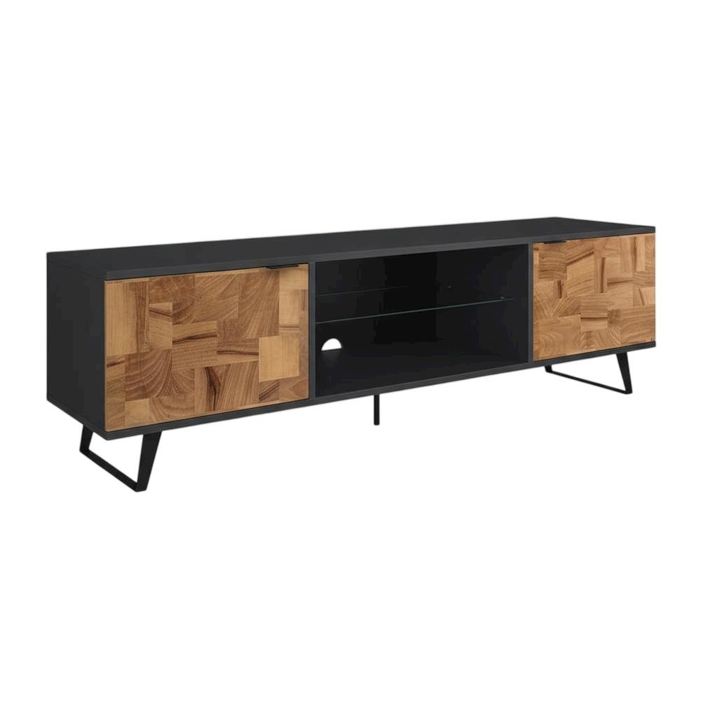 Brown Mid Century Modern TV Stand with Glass Shelf and Rubberwood Veneers. Picture 4