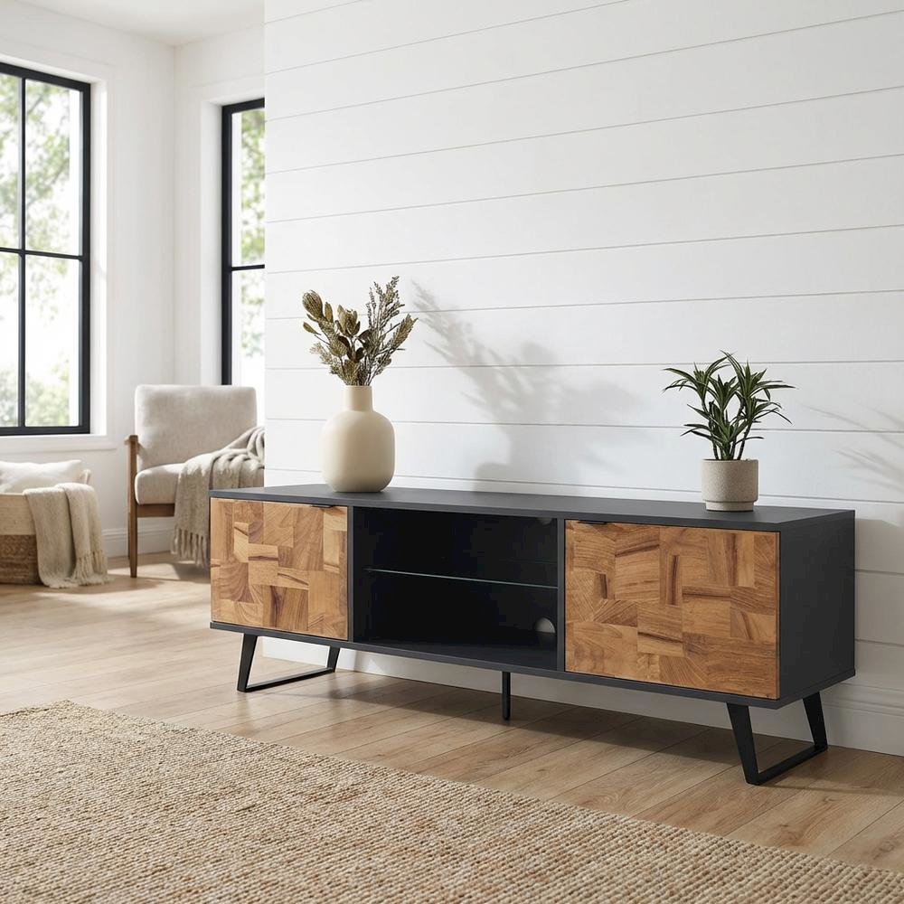 Brown Mid Century Modern TV Stand with Glass Shelf and Rubberwood Veneers. Picture 2