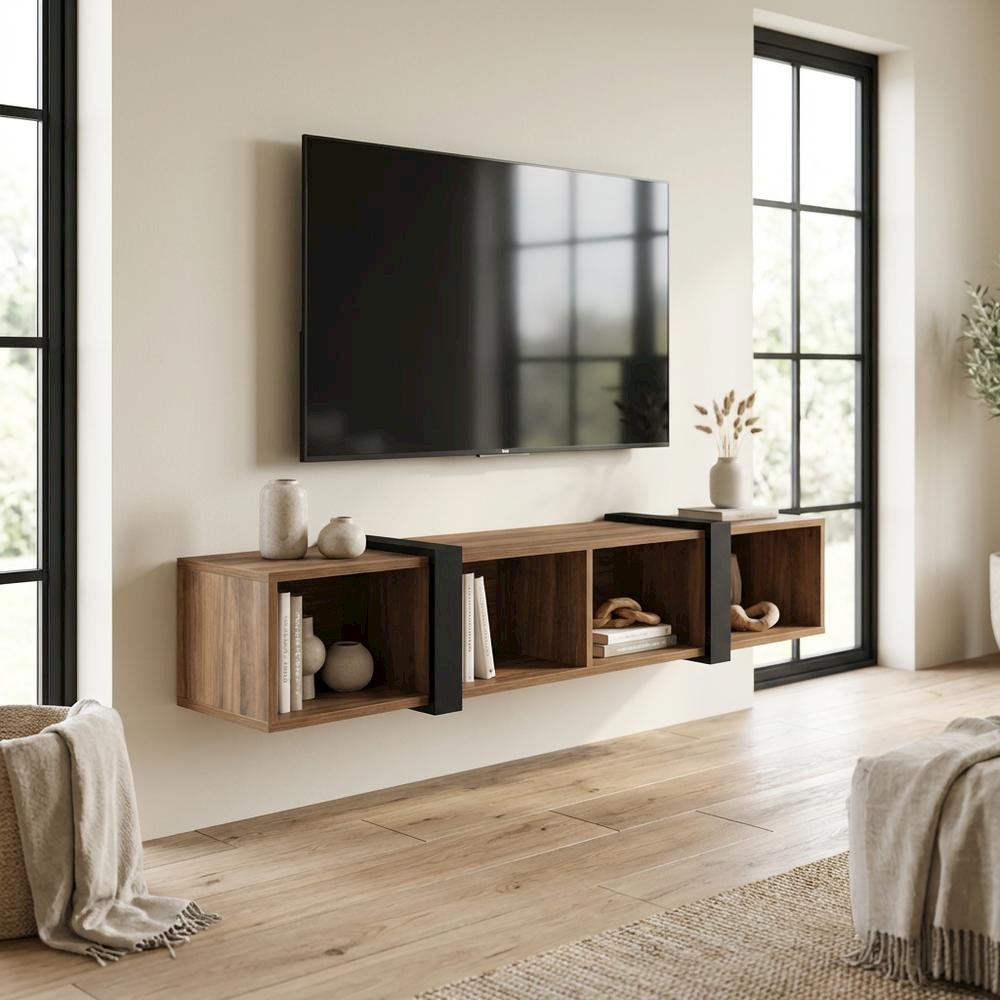 Walnut Floating TV Stand for 75-Inch Wall Mount with Engineered Wood Finish. Picture 3