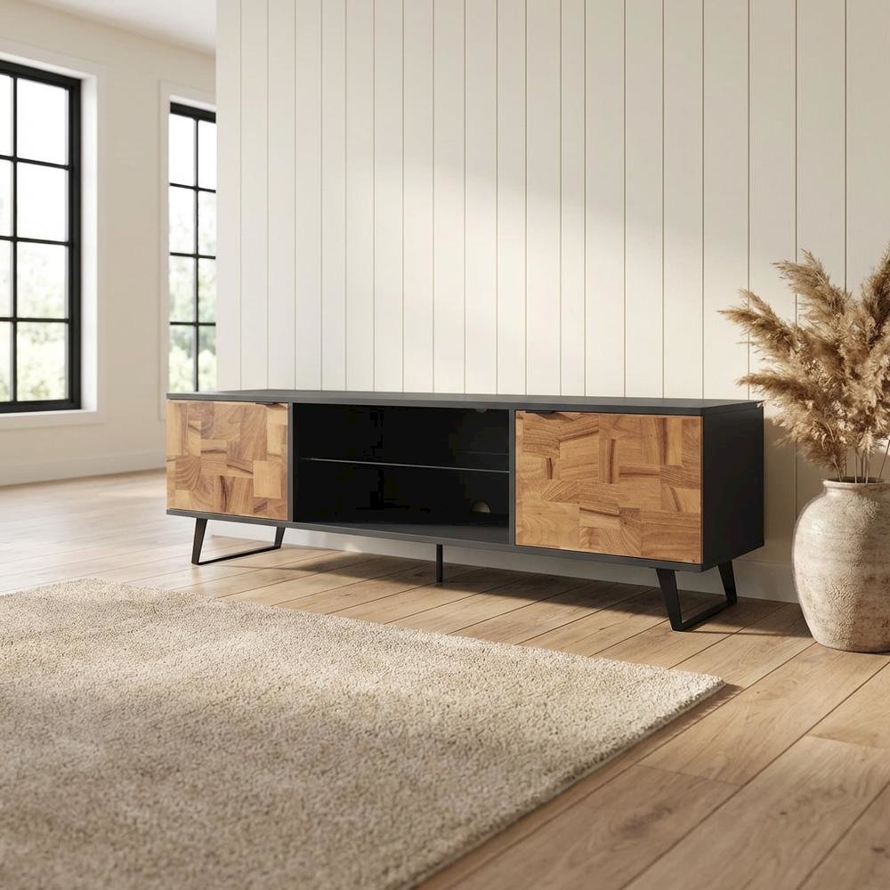 Brown Mid Century Modern TV Stand with Glass Shelf and Rubberwood Veneers. Picture 3