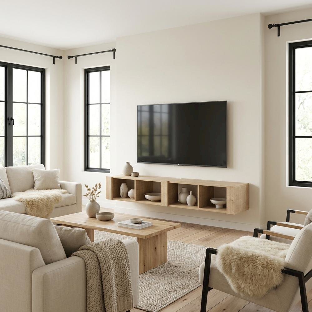 Beige Floating TV Stand for 75 Inch TVs – Wall Mounted Entertainment Center. Picture 3