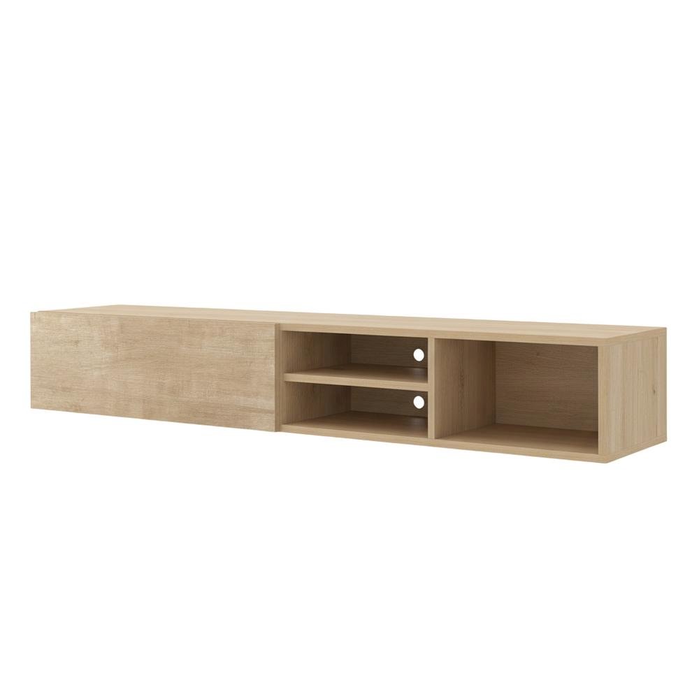 Floating TV Stand with Oak Finish and Open Shelves for Modern Living. Picture 1