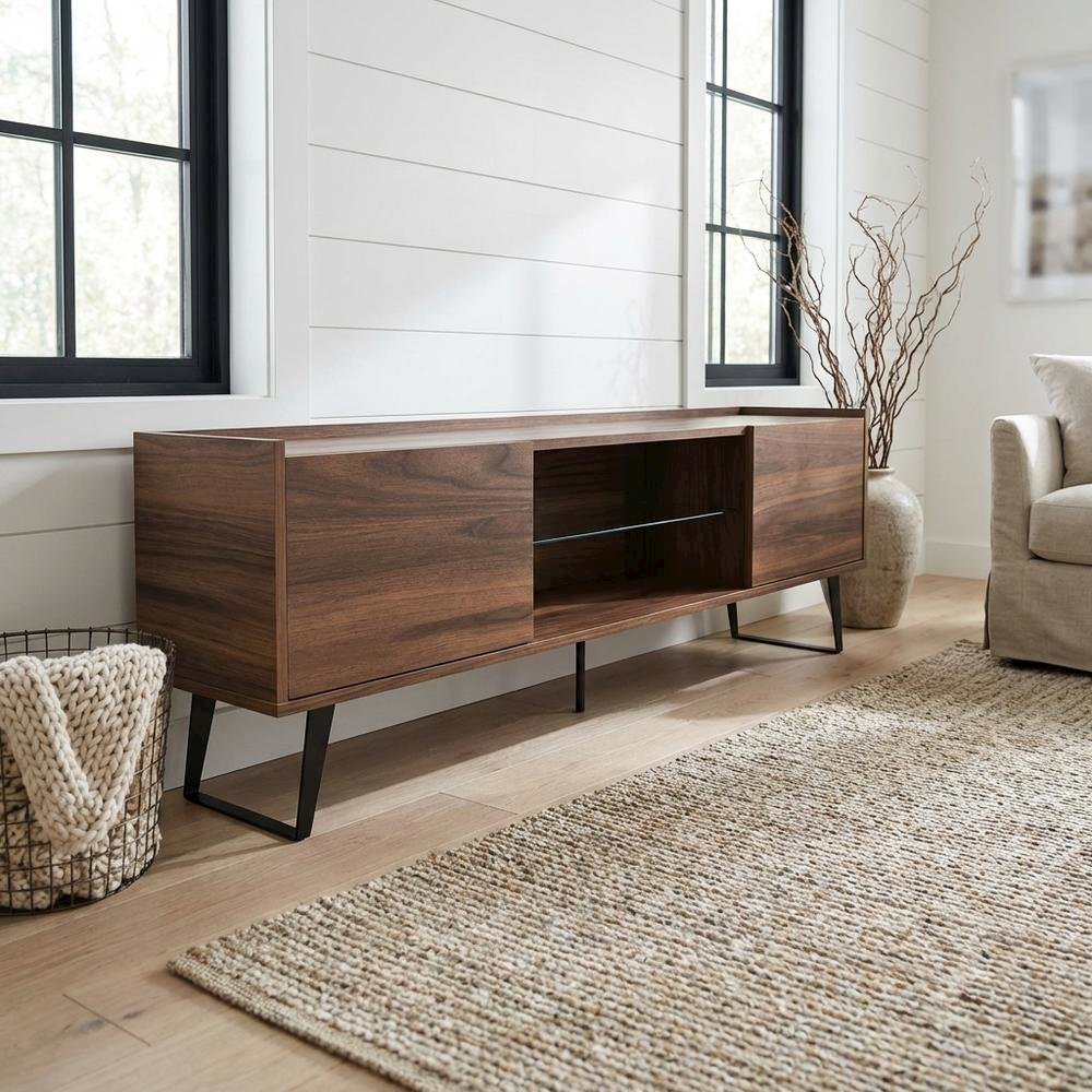 Walnut TV Stand, 65-80 Inch Flat Screen Televisions in Engineered Wood Finish. Picture 2