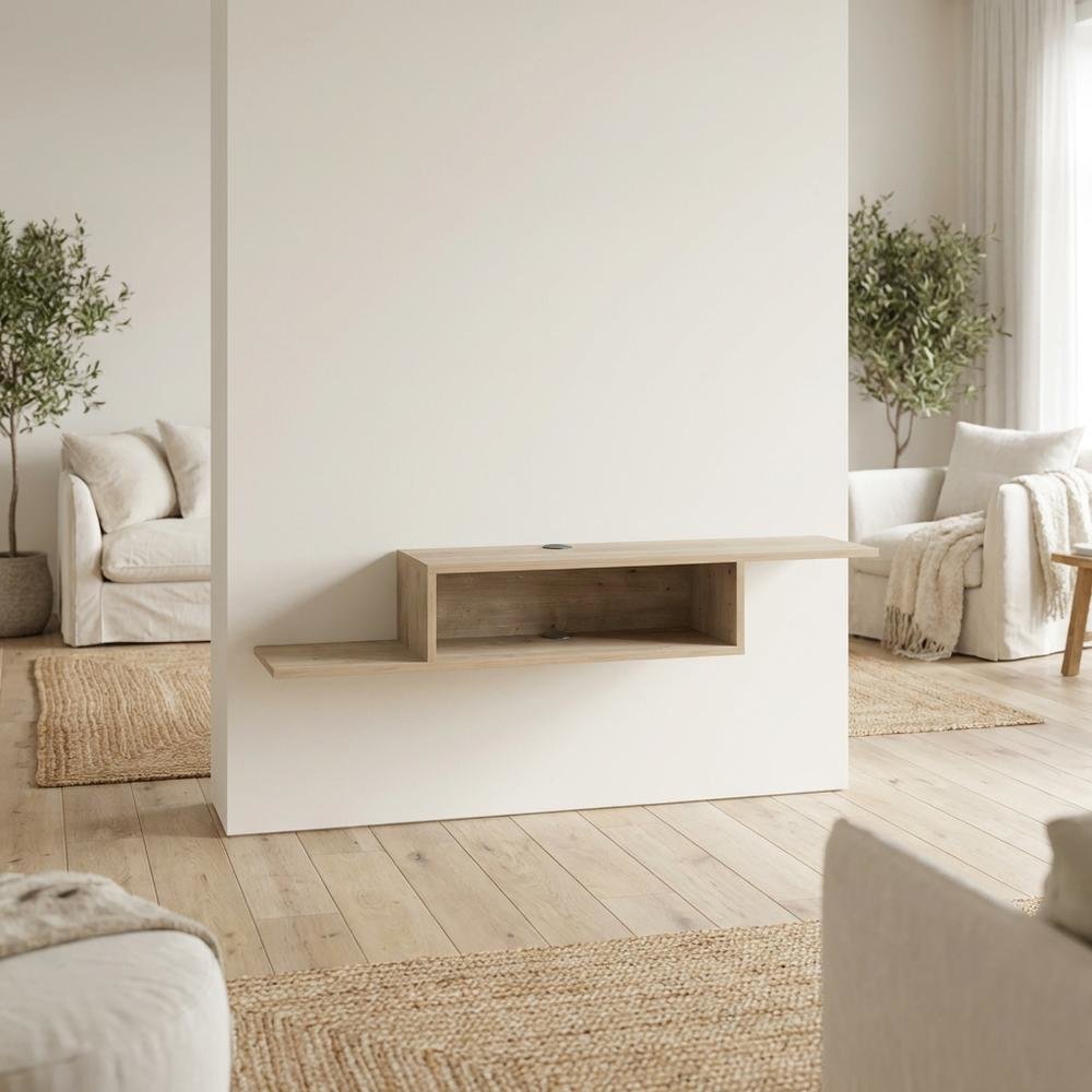 Beige Wall Mount TV Stand for 65 Inch Screens with Engineered Wood Shelf. Picture 3