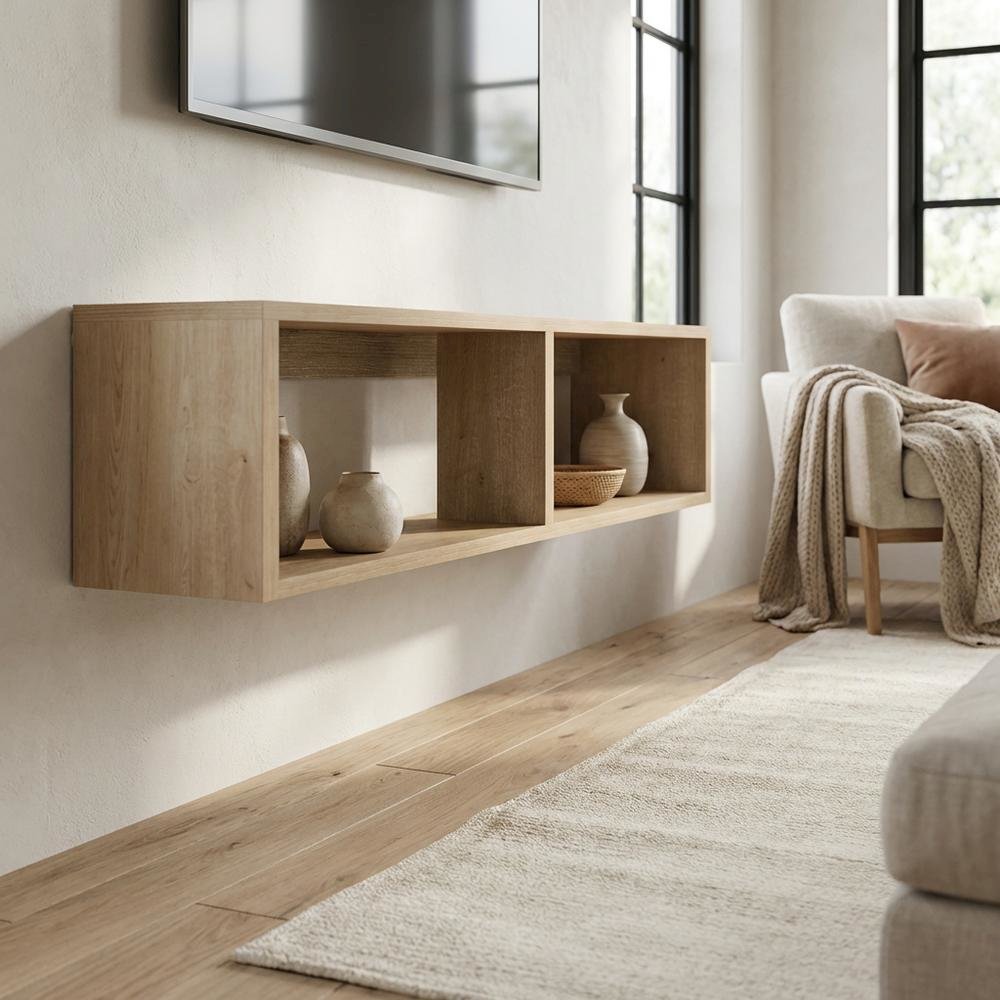 Oak floating TV stand with 2 shelves for modern living spaces. Picture 3