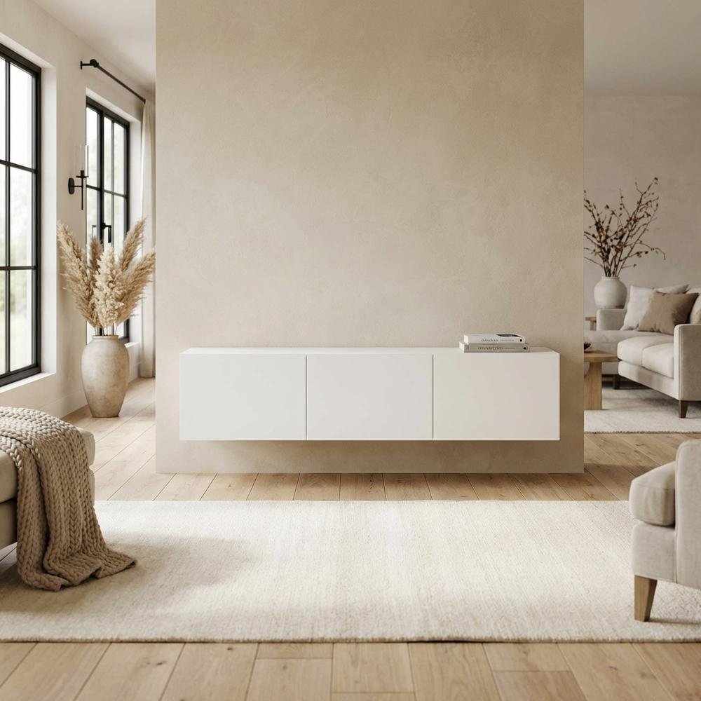 White Floating TV Stand for 75 Inch Screens with Solid Wood and Veneer Finish. Picture 3