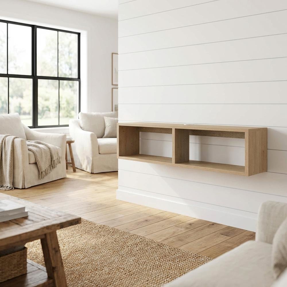 Oak floating TV stand with 2 shelves for modern living spaces. Picture 2