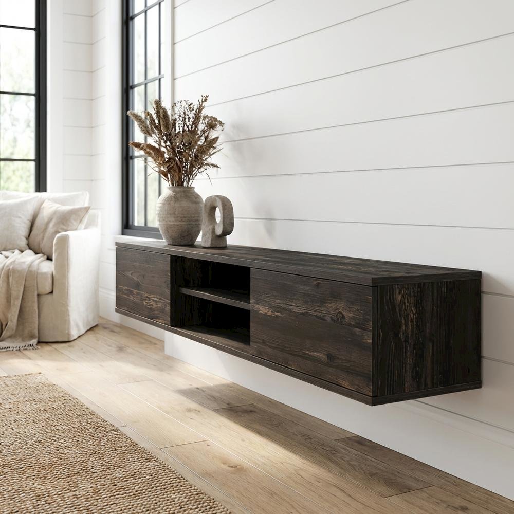 Black Oak Wall-Mounted TV Stand with Engineered Wood Finish. Picture 2