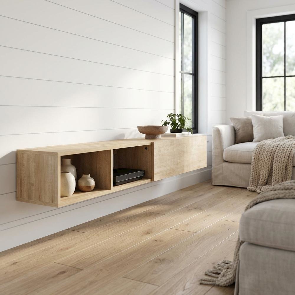 Floating TV Stand with Oak Finish and Open Shelves for Modern Living. Picture 2