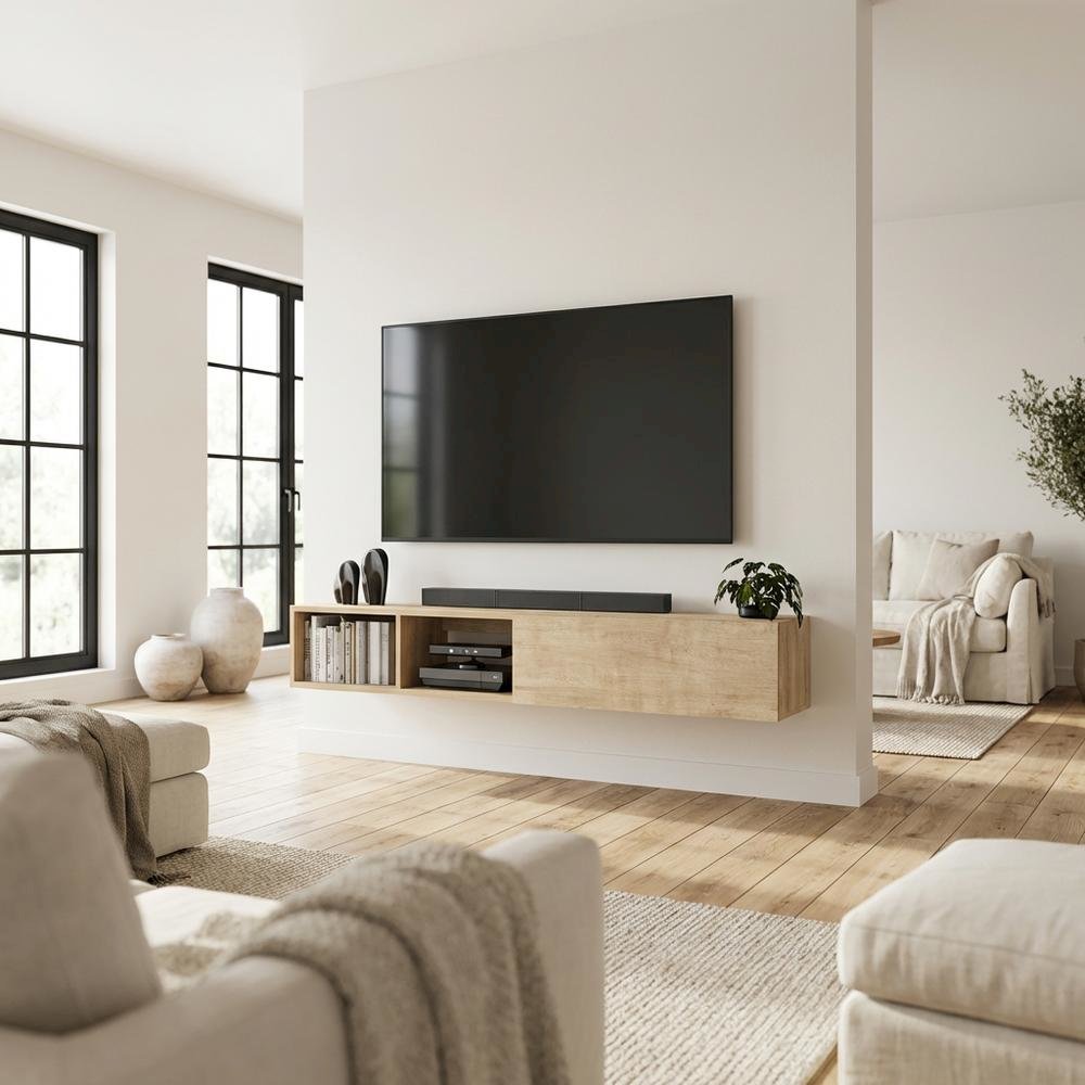 Floating TV Stand with Oak Finish and Open Shelves for Modern Living. Picture 3