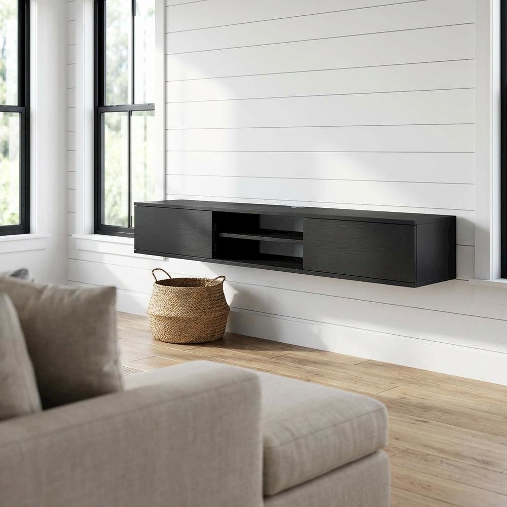 Gray Floating TV Stand with Wall Mounting and Spacious Storage. Picture 2