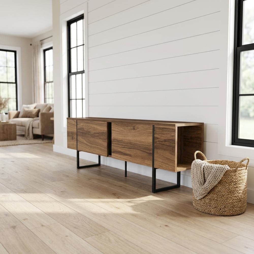 Walnut Modern TV Stand and Media Console with Engineered Wood Finish. Picture 2