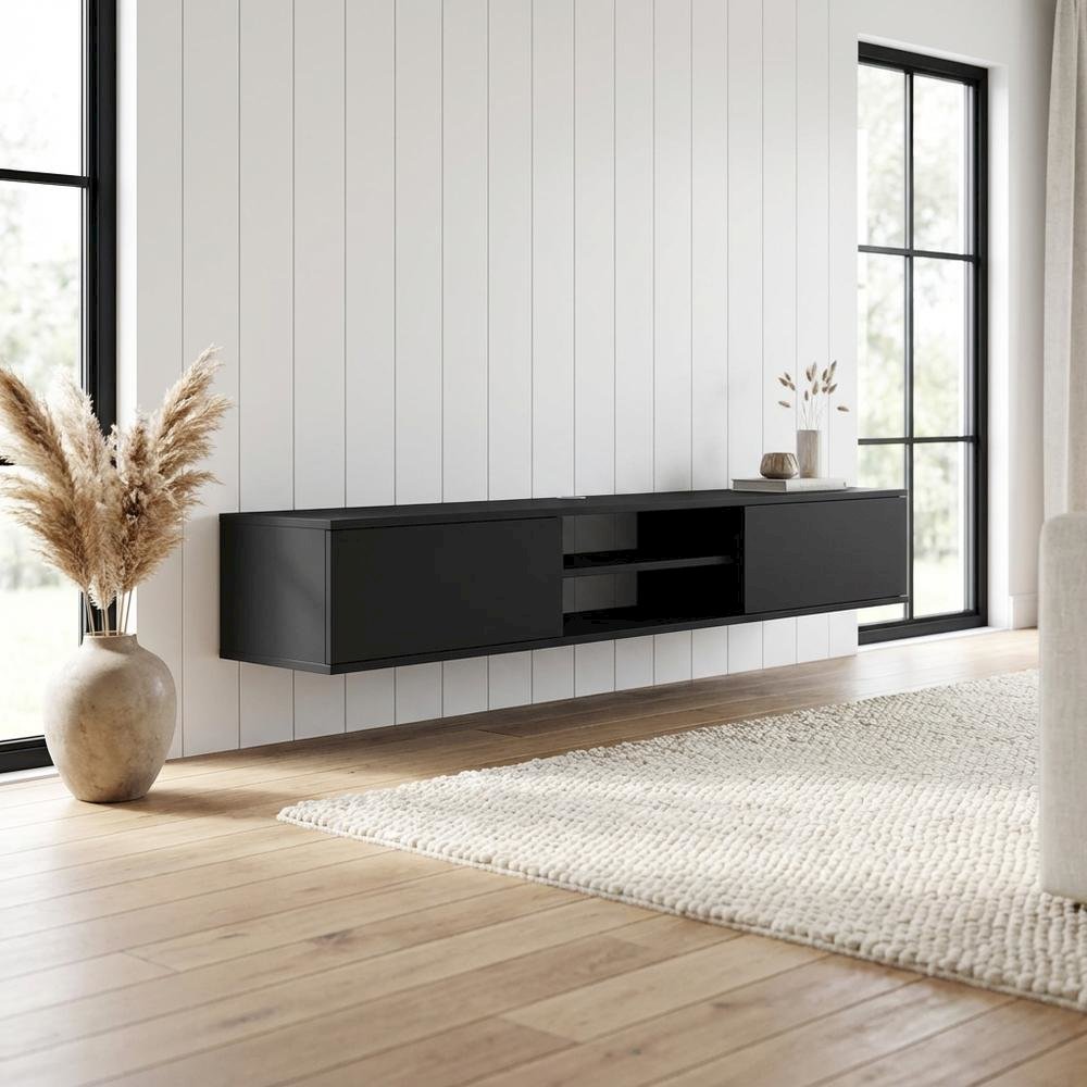 Gray Floating TV Stand with Wall Mounting and Spacious Storage. Picture 3