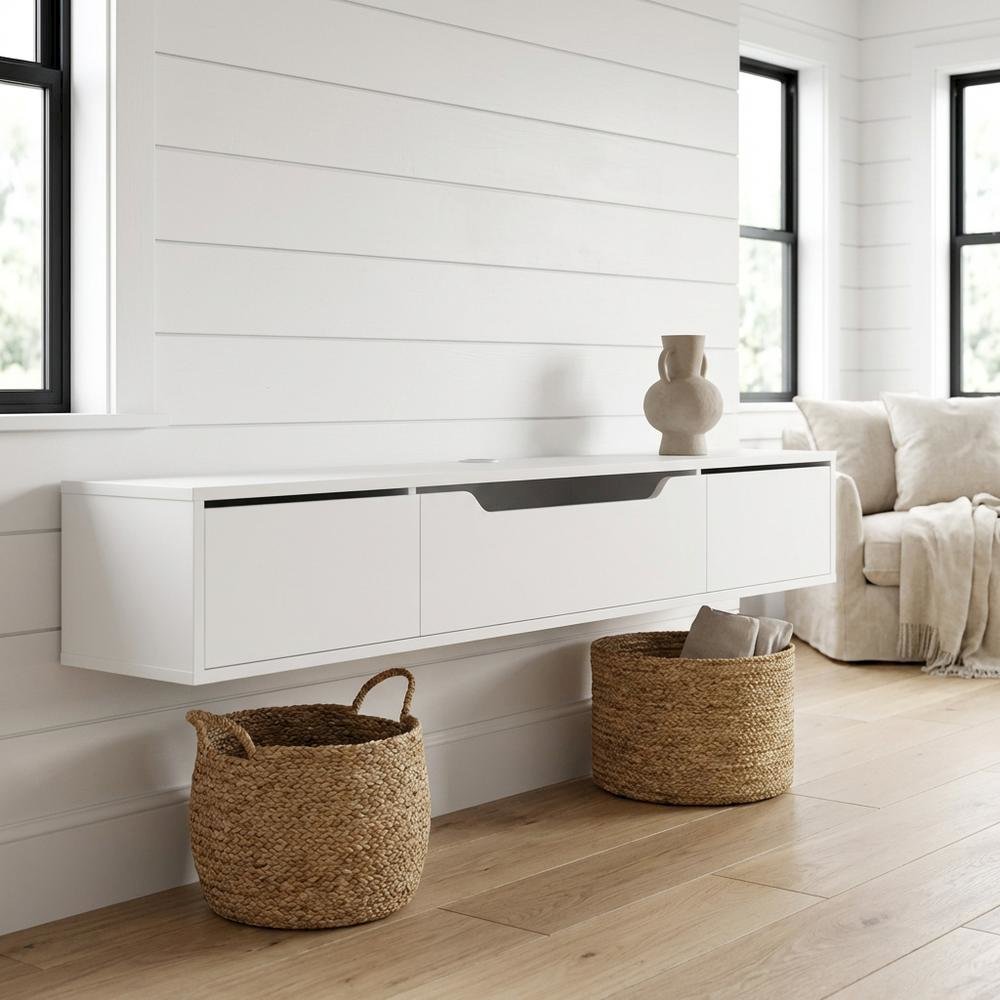 White Wall-Mounted TV Stand, Up to 80 Inch Screens, Engineered Wood Material. Picture 2