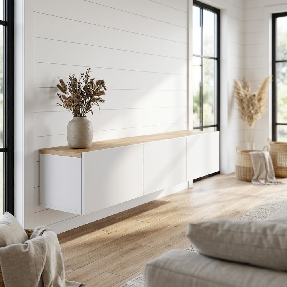 Wall-Mounted TV Stand for Up to 75 Inch Displays in White and Sapphire Oak**. Picture 2