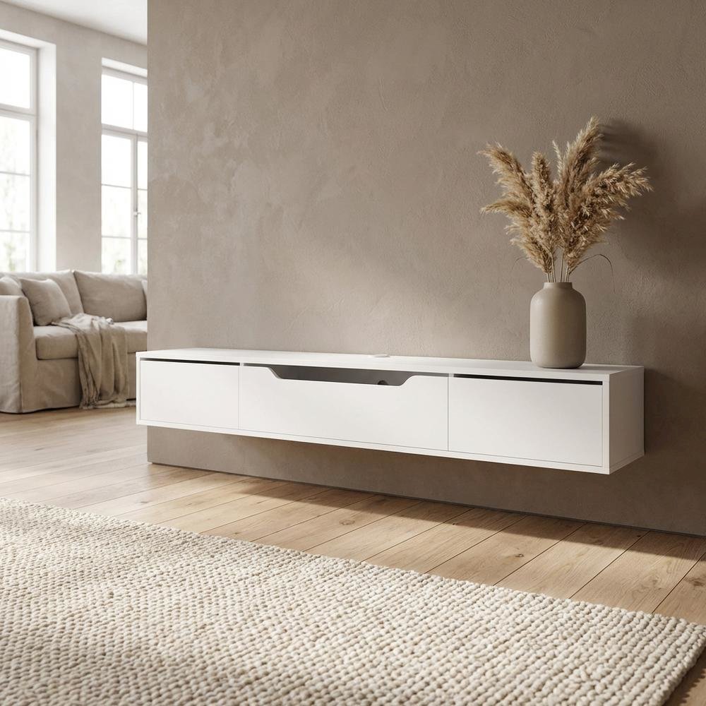 White Wall-Mounted TV Stand, Up to 80 Inch Screens, Engineered Wood Material. Picture 3