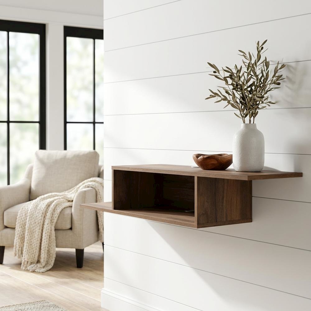 Brown Wall-Mounted TV Stand, Up to 65 Inch Screens, Engineered Wood Design. Picture 2