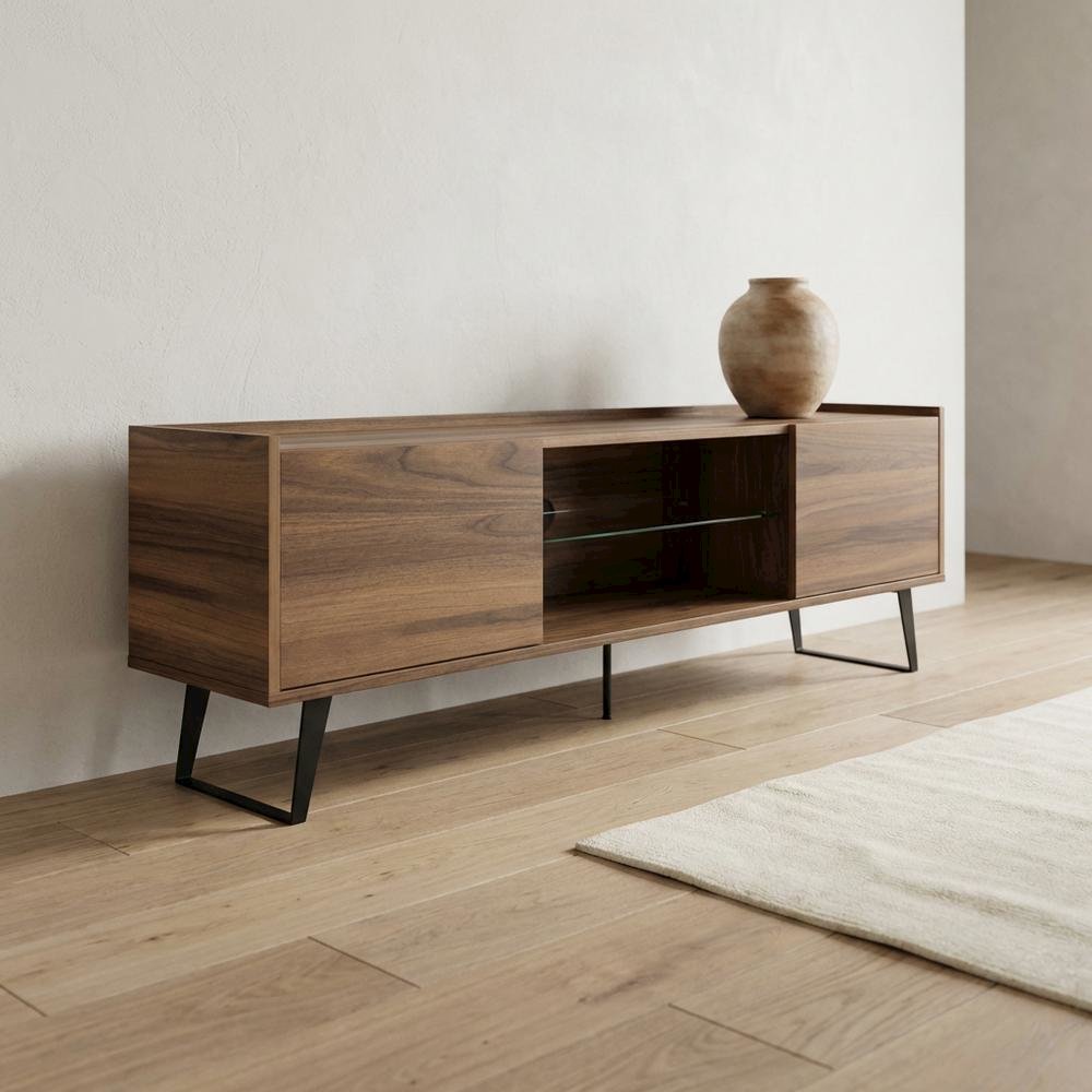 Walnut TV Stand, 65-80 Inch Flat Screen Televisions in Engineered Wood Finish. Picture 3
