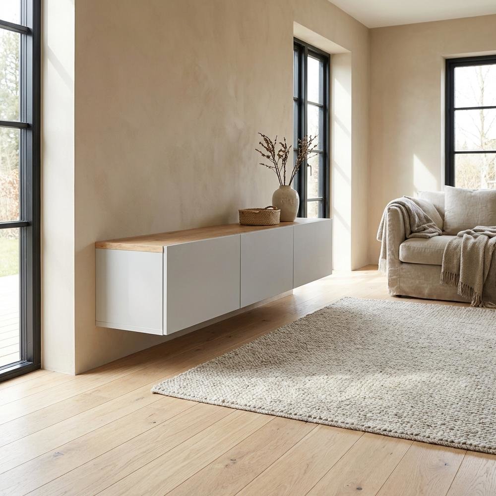 Wall-Mounted TV Stand for Up to 75 Inch Displays in White and Sapphire Oak**. Picture 3