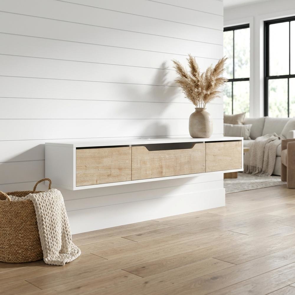 White Floating TV Stand for Up to 80 Inch TVs – Wall Mounted Media Console. Picture 2