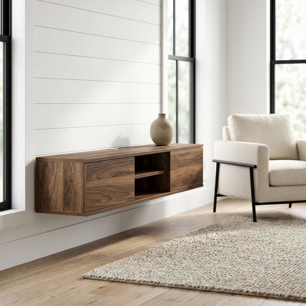 Brown Floating TV Stand with Wall Mount and Modern Storage Design. Picture 2