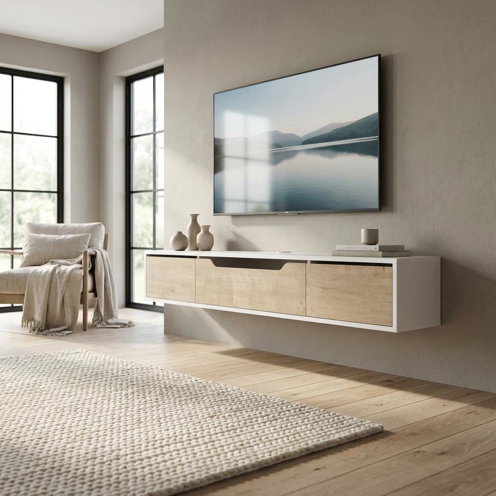 White Floating TV Stand for Up to 80 Inch TVs – Wall Mounted Media Console. Picture 3