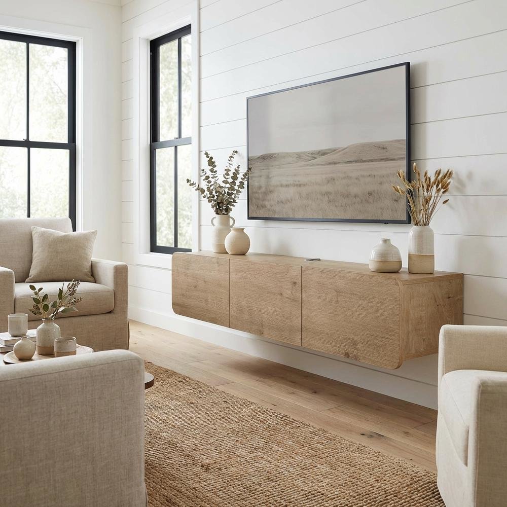 Modern Brown Floating TV Stand Wall Mounted for 80 Inch TVs with Wooden Veneers. Picture 2