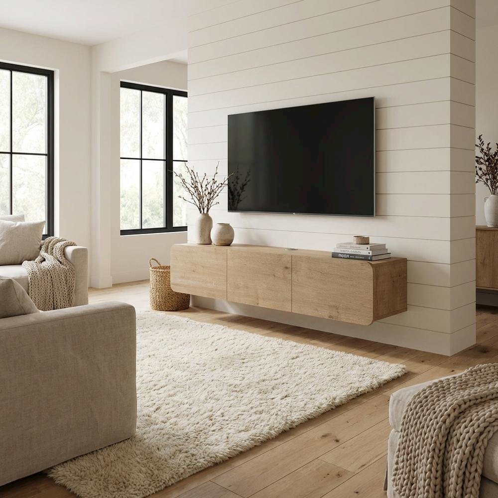 Modern Brown Floating TV Stand Wall Mounted for 80 Inch TVs with Wooden Veneers. Picture 3