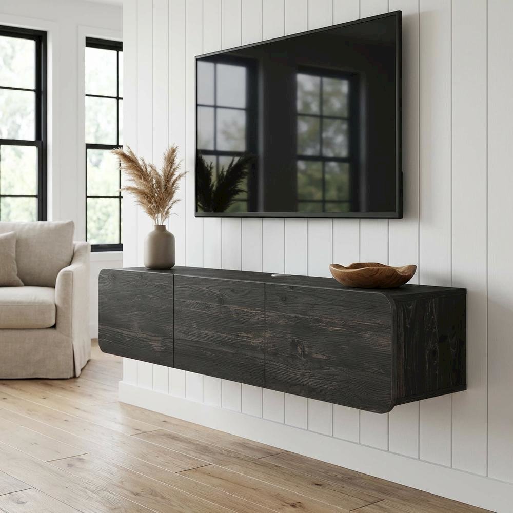 Black floating TV stand, 80 inch flat screens, modern design, durable wood. Picture 2