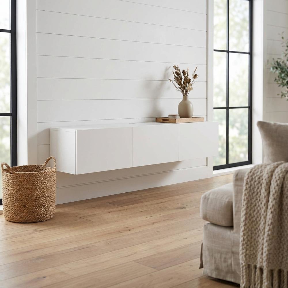 White Floating TV Stand for 75 Inch Screens with Solid Wood and Veneer Finish. Picture 2