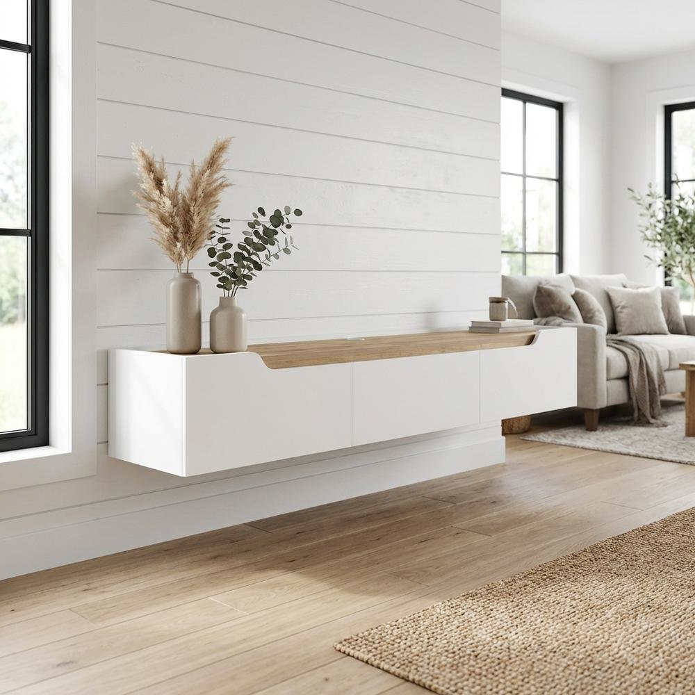 White Floating TV Stand, up to 80 Inch Screens Wall Mounted Entertainment Center. Picture 2
