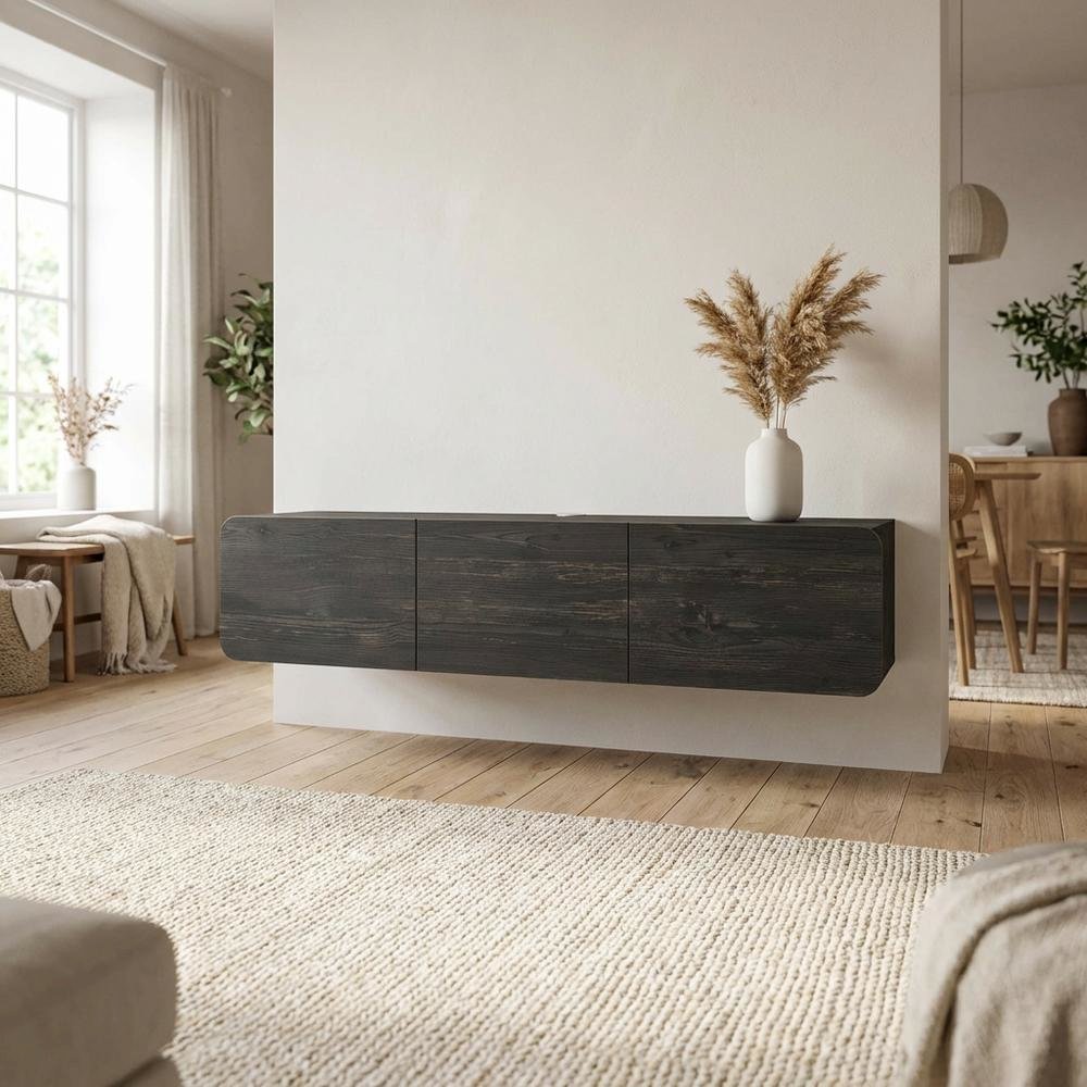 Black floating TV stand, 80 inch flat screens, modern design, durable wood. Picture 3