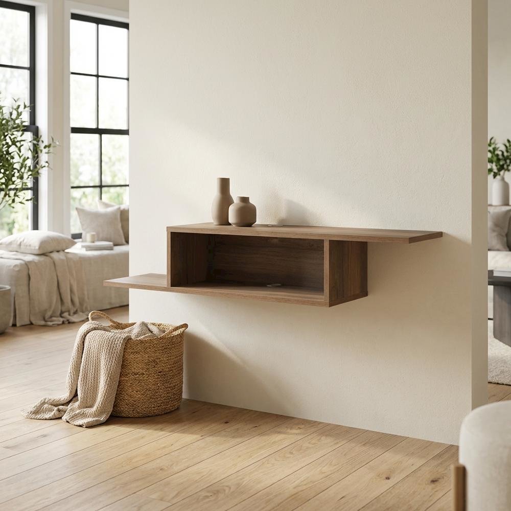 Brown Wall-Mounted TV Stand, Up to 65 Inch Screens, Engineered Wood Design. Picture 3