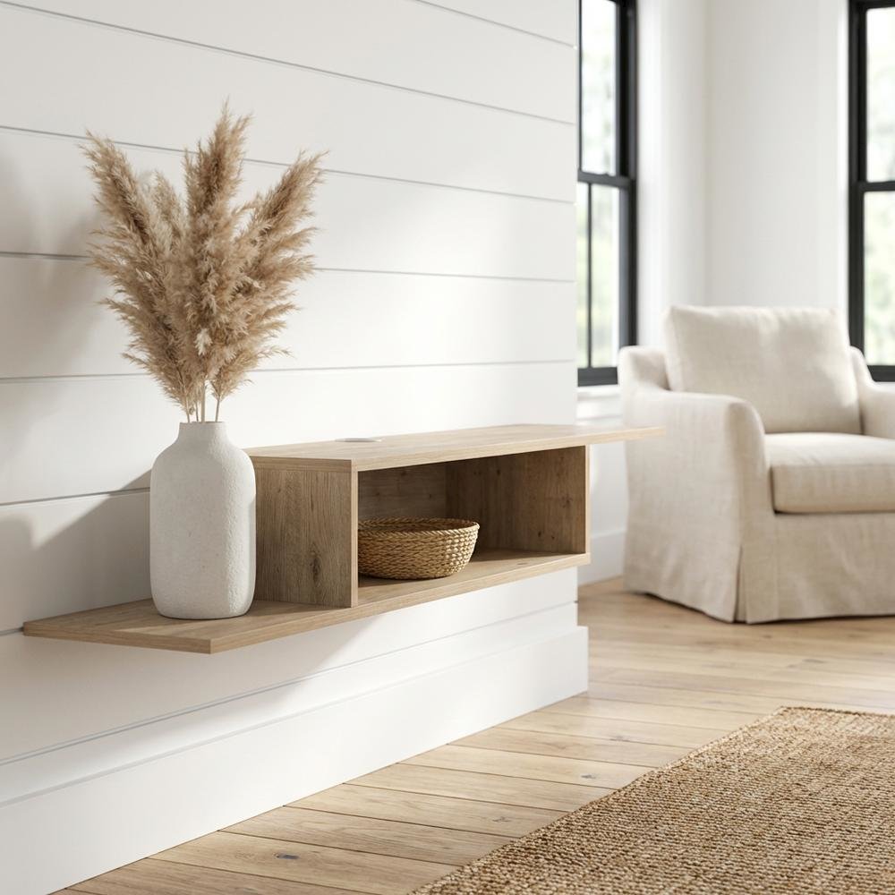 Beige Wall Mount TV Stand for 65 Inch Screens with Engineered Wood Shelf. Picture 2