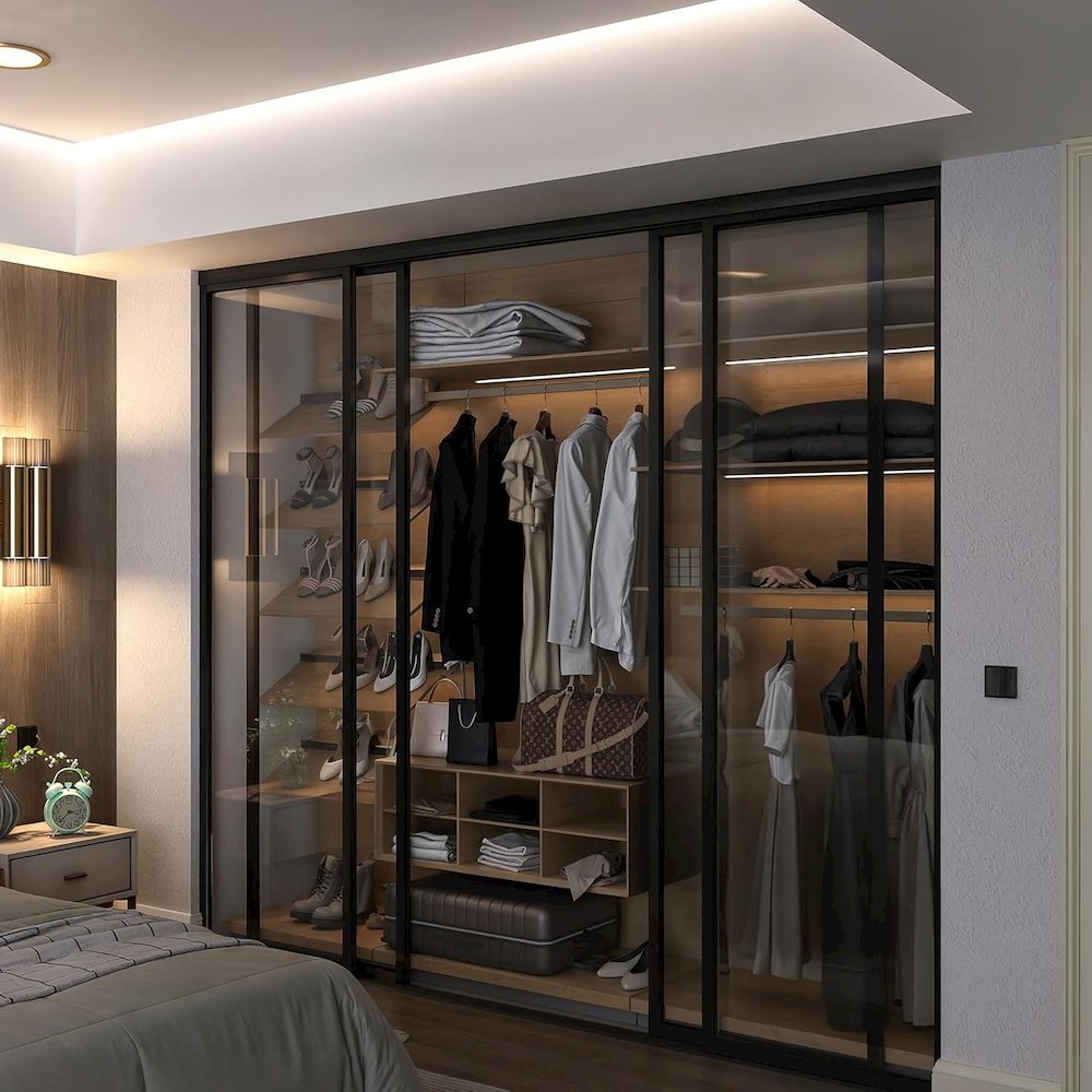 4 Panel Glass Sliding Closet Door with Aluminum Frame. Picture 1