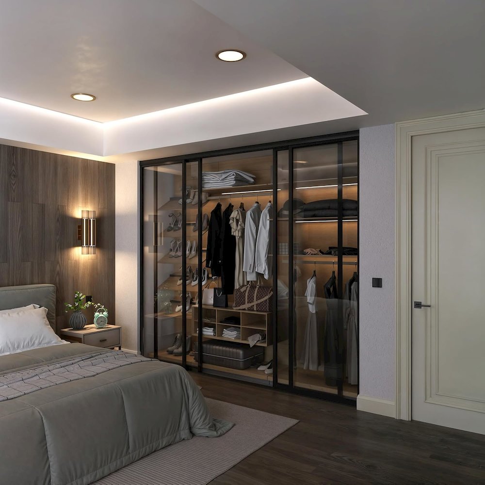 4 Panel Glass Sliding Closet Door with Aluminum Frame. Picture 2