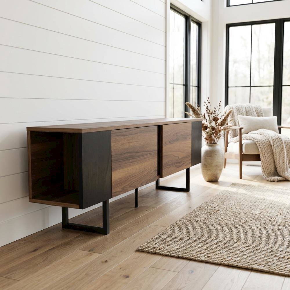 Walnut Finish TV Stand for 75 Inch Living Room Entertainment Center. Picture 2
