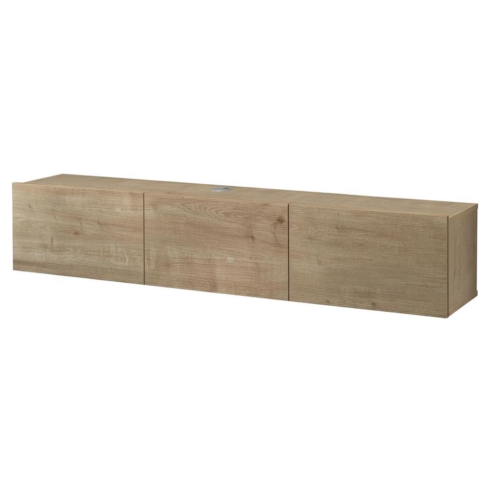 Brown floating TV stand, screens up to 75 inches, sturdy rubberwood. Picture 1