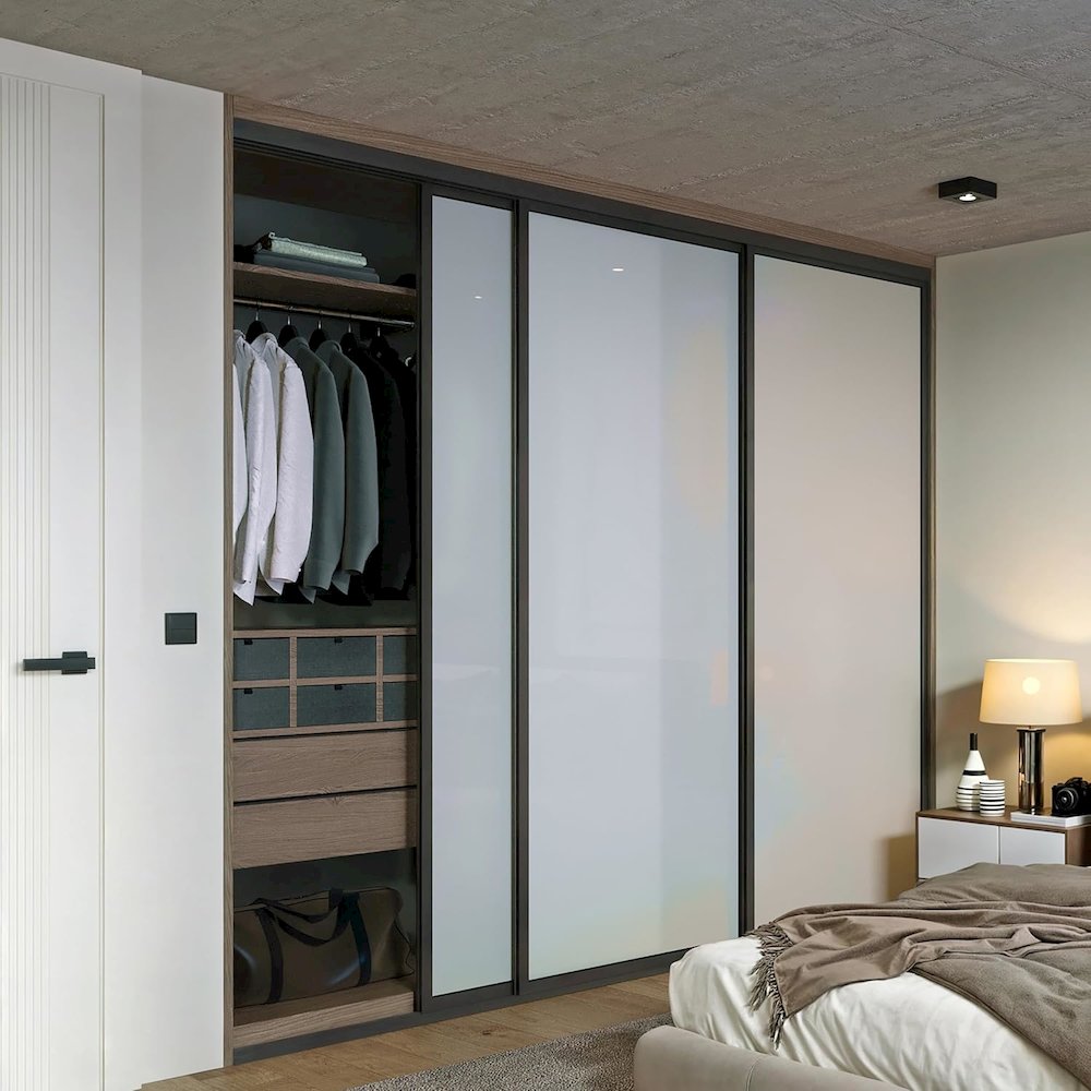 3 Panel Glass Sliding Closet Door, Aluminum Frame. Picture 1