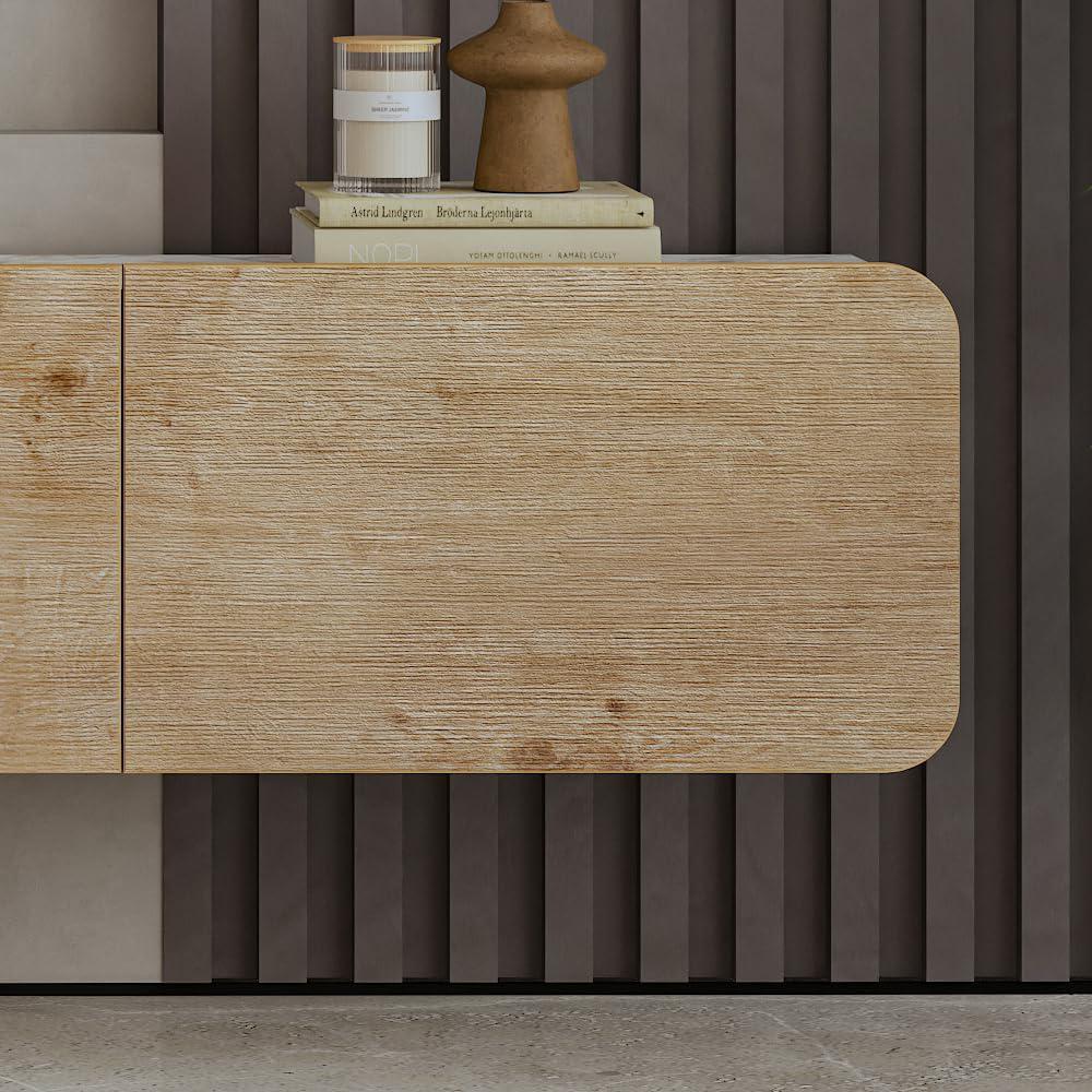 Modern Floating TV Stand Wall Mounted for 80 Inch TV, Oak. Picture 8